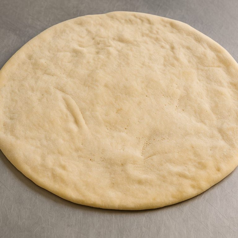 Pizza con una base dorada y un patrón espiral de salsa de tomate. Estirada a mano. Horneada sobre piedra.
